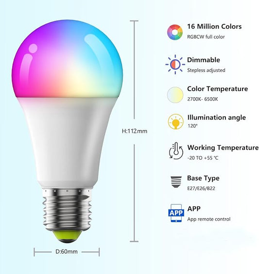 Smart LED Bulbs, Bluetooth Light Bulbs, RGB+CCT Color Changing Light Bulbs with App Control, A19, E26, 10W Music Sync and 8 Scene Mode for Living Room Bedroom Party (Not Support WiFi/Alexa) (4)