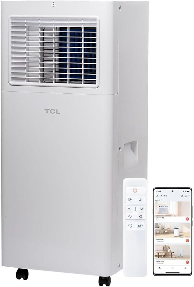 TCL H6P44W 6,000 BTU Smart Portable Air Conditioner, Fan & Dehumidifier, 250 Sq. Ft, Ultra-Compact Design, Remote Control, Compatible with Alexa/Google Assistant, Install Kit Included, White