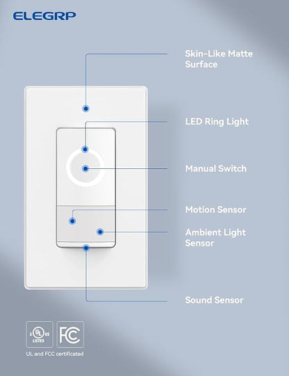 ELEGRP Smart Motion Sensor Switch, 2.4GHz Wi-Fi Single Pole Light Switch Works with Alexa & Google Assistant, APP Remote Control, Neutral Wire Required, UL Certified, No Hub Required (White, 2 Pack)