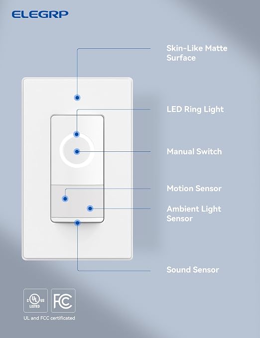 ELEGRP Smart Motion Sensor Switch, 2.4GHz Wi-Fi Single Pole Light Switch Works with Alexa & Google Assistant, APP Remote Control, Neutral Wire Required, UL Certified, No Hub Required (White, 2 Pack)