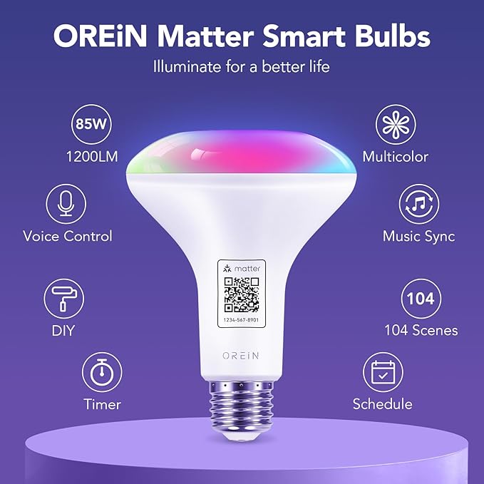 OREiN Matter Smart Light Bulb, 1600/1200 Lumens 100W/85W Equivalent Smart Light Bulbs, Color Changing Light Bulbs Work with Apple Home, Alexa, Google Home, SmartThings