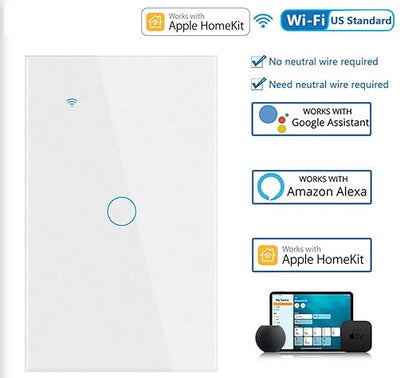 Smart Light Switch, Wi-Fi Enabled, White Glass Panel, Compatible with Apple HomeKit, Google Assistant, Alexa, No Neutral Wire Required, Touch Control (Wall Switch 1 Gang)