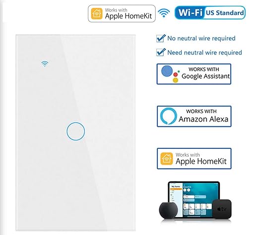 Smart Light Switch, Wi-Fi Enabled, White Glass Panel, Compatible with Apple HomeKit, Google Assistant, Alexa, No Neutral Wire Required, Touch Control (Wall Switch 1 Gang)