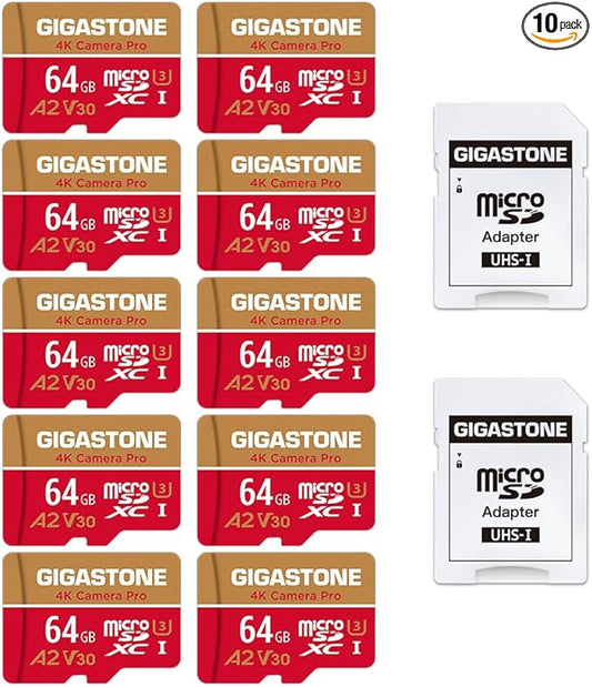 【5-Years Data Recovery】 GIGASTONE 64GB Micro SD Card 10-Pack, 4K Camera Pro, for GoPro, Security Camera, Wyze, DJI, Drone, Dash Cam, R/W up to 95/35MB/s MicroSDXC Memory Card UHS-I U3 A2 V30