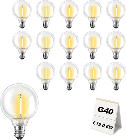 15-Pack G40 LED Replacement Light Bulbs Shatterproof Waterproof 0.6W E12 Base 2700K Warm White Globe Bulbs for Outdoor String Lights Patio Garden