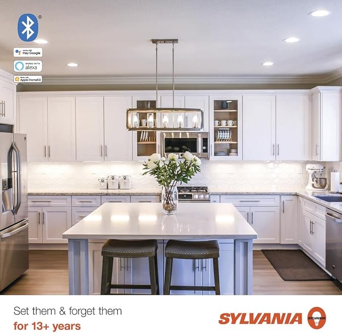 Sylvania (4 Bulbs) Smart+ LED Smart Bluetooth A19 Light Bulb, Seamless Setup, Works with Google, Alexa, AppleHomeKit, No hub Required, 2700K, LED Smart Bulb