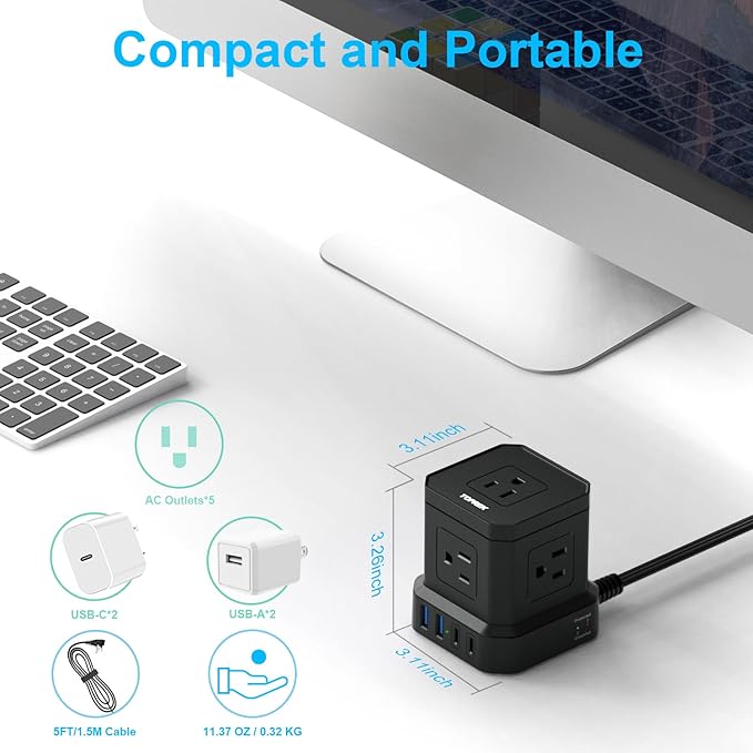 TOPREK Power Strip with USB, USB C (3.0A) Power Strip with 5 Outlets, 2 USB-C & 2 USB-A, 5 FT Flat Extension Cord with Ultra Thin Flat Plug, Surge Protector Compact for Home Office, Dorm, Hotel Travel