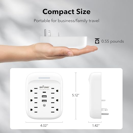 BN-LINK Surge Protector USB Wall 6 Outlet Extender with 3 USB Ports (USB C), Multi Plug Outlet Expander, Electrical Splitter for School, Travel, Office, Home, ETL Listed