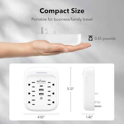 BN-LINK Surge Protector USB Wall 6 Outlet Extender with 3 USB Ports (USB C), Multi Plug Outlet Expander, Electrical Splitter for School, Travel, Office, Home, ETL Listed