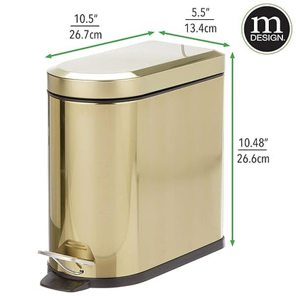 mDesign Small 1.3 Gallon Stainless Steel Metal Step Trash Can Garbage Bin for Bathroom, Bedroom, Home Office, D-Shape Trashcan with Foot Pedal and Lid, Removable Liner Bucket with Handles, Soft Brass