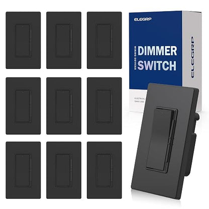 ELEGRP Dimmer Light Switch for 300W Dimmable LED/CFL Lights and 600W INC/HAL Bulbs, Single Pole/3-Way LED Slide Dimmer Light Switch, Wall Plate Included, UL Listed, 10 Pack, Matte Black