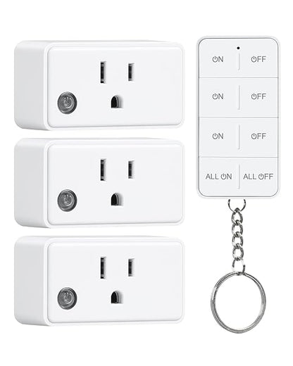 Remote Control Outlet with All On/Off Switch, 200FT Long Range Wireless Light Switch, Compact Design, 15A/1875W High-Power for Lights, Fans, Household Appliances, FCC & ETL Listed