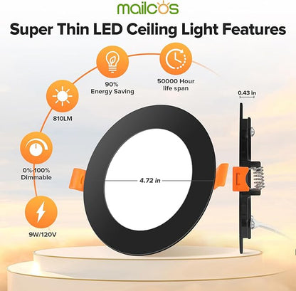 MAILCOS 12 Pack 4 Inch 5CCT Black Ultra-Thin LED Recessed Ceiling Light with Junction Box, 2700K-5000K Selectable, 810LM High Brightness, Dimmable Canless Wafer Downlight, 9W 120V, ETL