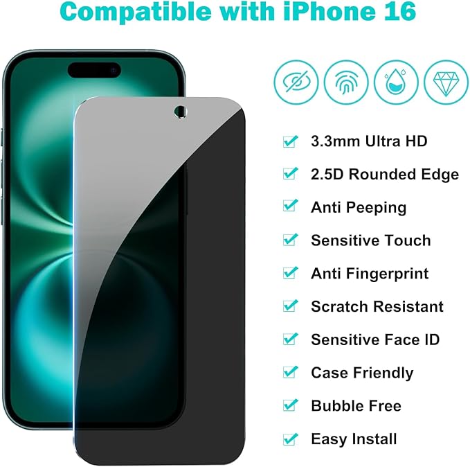 PEHAEL 3+3 Pack for iPhone 16 Privacy Screen Protector with Camera Lens Protector Full Coverage Anti-Spy Tempered Glass Film 9H Hardness Easy Installation Bubble Free [6.1 inch]