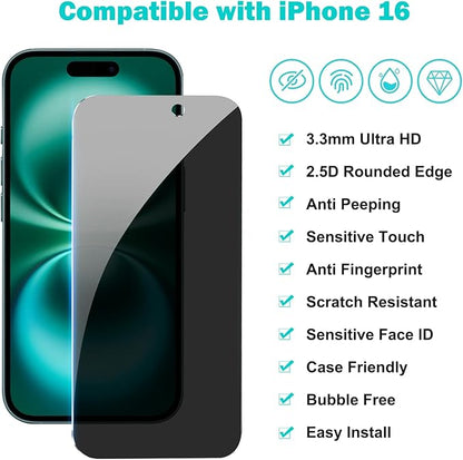 PEHAEL 3+3 Pack for iPhone 16 Privacy Screen Protector with Camera Lens Protector Full Coverage Anti-Spy Tempered Glass Film 9H Hardness Easy Installation Bubble Free [6.1 inch]