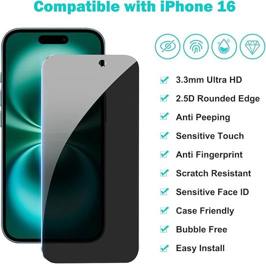 PEHAEL 3+3 Pack for iPhone 16 Privacy Screen Protector with Camera Lens Protector Full Coverage Anti-Spy Tempered Glass Film 9H Hardness Easy Installation Bubble Free [6.1 inch]