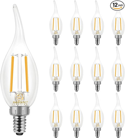 Energetic 12 Pack Dimmable Candelabra Led Light Bulb, CA11 Shape,Flame Tip Style, 60 Watt Equivalent, 2700K Soft White, E12 Base, Led Candelabra Bulb,CRI 90+, Halloween Christmas Decoration