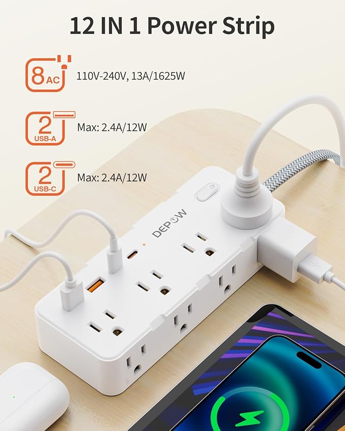 DEPOW Power Strips with Surge Protection, 10 FT Braided Extension Cord with Multiple Outlets-8 AC Outlets 4 USB Ports (2 USB C), 1700 Joule Surge Protector with Flag Plug for Home Office, White