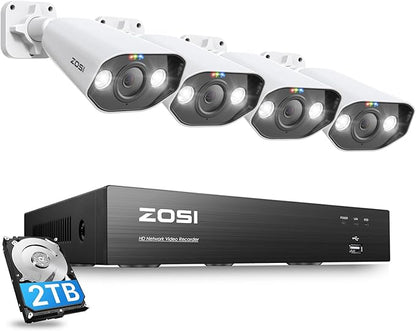 ZOSI 5MP PoE Security Camera System, Outdoor Video Surveillance System with 8-Channel 2TB HDD NVR, 4 x 5MP Outdoor PoE Bullet Cameras, Person Detection, Spotlight, Color Night Vision
