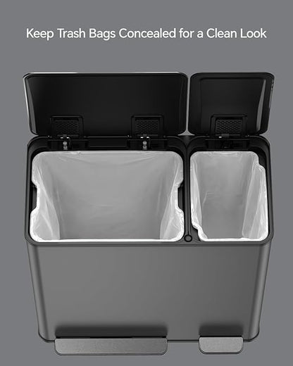 Lovewind Dual Trash and Recycling Bins for Kitchen, 13+6 Gallon Stainless Steel Garbage and Recycle Bin Combo for Large Families, Dual Trash Can with Soft Close Lid & Magnetic Stickers, Grey