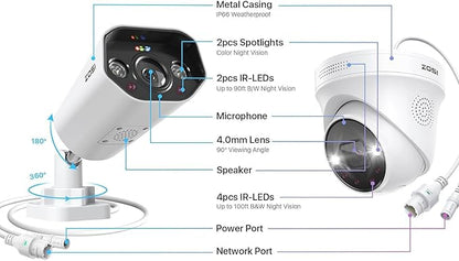 ZOSI 32CH 4K PoE Security Camera System, 24pcs 8MP Outdoor Indoor IP Cameras, Face Person Vehicle Detection, 2 Way Audio, Spotlight Siren, 32 Channel 4K NVR with 8TB HDD for 24/7 Recording