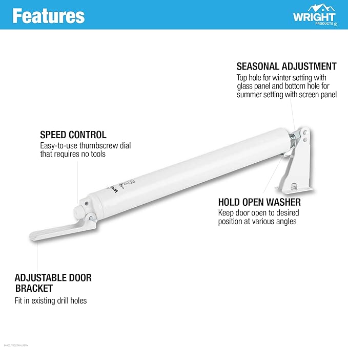 Wright Products Standard Duty Pneumatic Screen & Storm Door Closer – Adjustable Closing Speed, Quiet Operation, Easy Installation (Modern, White)