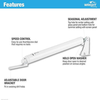 Wright Products Standard Duty Pneumatic Screen & Storm Door Closer – Adjustable Closing Speed, Quiet Operation, Easy Installation (Modern, White)