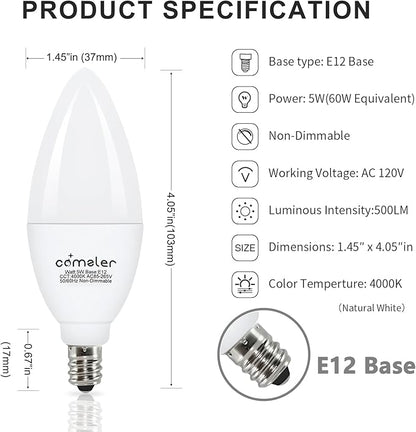 comzler E12 LED Bulb Candelabra Base, Type B LED Bulb 60 Watt Equivalen 4000K Natural Daylight B11 Small Base, Chandelier Ceiling Fan LED Light Bulbs 500 Lumens No-Dimmable Pack of 8