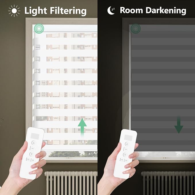 Motorized Blinds with Remote 95% Blackout Smart Electric Zebra Shades Built-in Rechargeable Automatic Blinds for Window Compatible with Alexa Google Luxurious White
