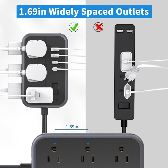 10 in 1Power Strip NTONPOWER Ultra Thin Flat Plug Extension Cord with 4 USB Ports(Include 2 USB C) Surge Protector Power Strip with Flat Cord 6 Widely Spaced Outlet(2 Side) 5 Ft Extension Cord-Black