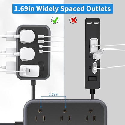 10 in 1Power Strip NTONPOWER Ultra Thin Flat Plug Extension Cord with 4 USB Ports(Include 2 USB C) Surge Protector Power Strip with Flat Cord 6 Widely Spaced Outlet(2 Side) 5 Ft Extension Cord-Black