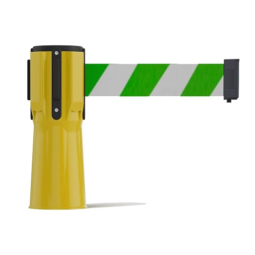 Trafford Industrial 11 Ft. Cone-Mounted Retractable Belt Barrier Yellow Case with Green and White Diagonal Belt