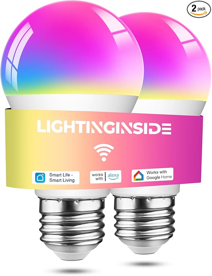 Lightinginside Smart Light Bulbs 60W Equivalent, 800LM 9W WiFi Smart Bulb Compatible with Alexa/Google Assistant, A19 E26 Smart Light Bulb No Hub Required, 2.4GHz WiFi Only, 2PCS