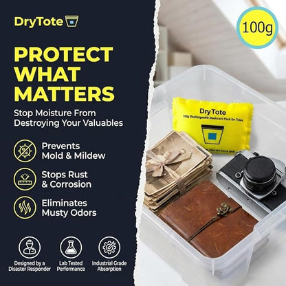 DryTote Rechargeable Desiccant Pack (Pack of 25), Ultimate Moisture Absorption, Color Change Indicator, Safe Storage Protection, Large Capacity 200 Gallons, 100g, Yellow
