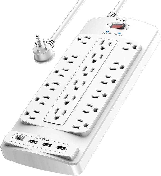 Yintar 6Ft Surge Protector Power Strip with 18 Outlets and 4 USB Ports | 6 Feet Flat Plug Heavy Duty Extension Cord with Multiple Outlets for Home, Office, Dorm Essentials, 2100 Joules, ETL, White