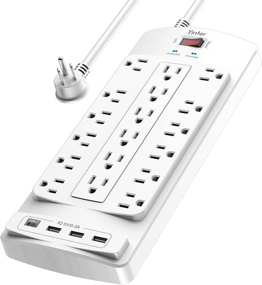 Yintar 6Ft Surge Protector Power Strip with 18 Outlets and 4 USB Ports | 6 Feet Flat Plug Heavy Duty Extension Cord with Multiple Outlets for Home, Office, Dorm Essentials, 2100 Joules, ETL, White