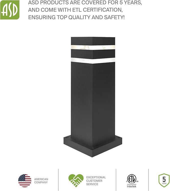 ASD 24" Square Bollard Light Fixture, Outdoor Pathway Floor Lamp | Antiglare, Waterproof, ETL Listed | 60W E26 Bulb Socket 120V | Landscape Hardwired Lighting, Exterior Post Lantern | Black