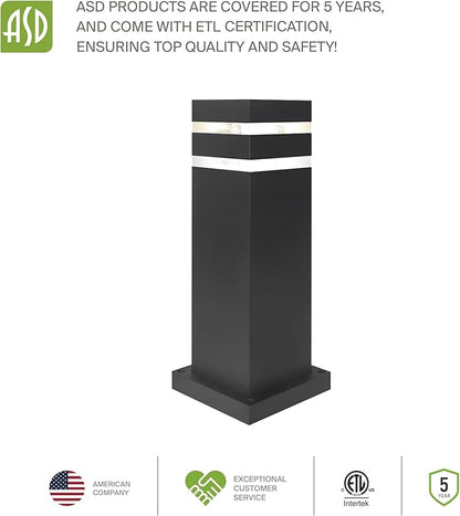 ASD 24" Square Bollard Light Fixture, Outdoor Pathway Floor Lamp | Antiglare, Waterproof, ETL Listed | 60W E26 Bulb Socket 120V | Landscape Hardwired Lighting, Exterior Post Lantern | Black