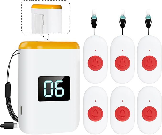 Caregiver Pager Wireless Call Button for Elderly Monitoring Vibration Call Bell Medical Alert System with Digital Display for Elderly (6 Call Buttons + 1 receivers)