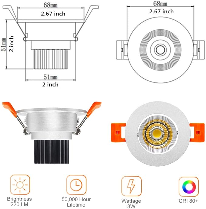 LightingWill 2inch LED Dimmable Downlight, 3W COB Recessed Ceiling Light, Warm White 3000K-3500K, CRI80, 25W Halogen Bulbs Equivalent, Silver(4Pack)