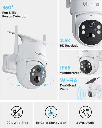 blurams 2.5K Pan/Tilt Security Cameras Wireless Outdoor, 100% Wire-Free Outdoor Camera with Fixed Solar Panel, 360° View, Dual-Band WiFi 6, Human Detection, Color Night Vision, Work with Alexa, 2Pack