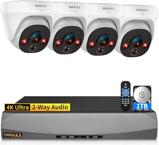 OOSSXX (2026 New) 4K PoE Security Camera System, 8CH NVR w/ 1TB HDD, 4pcs Wired Dome Cameras, 130° Wide Angle, PIR Motion Detection, 2-Way Audio, Remote Control, No Monthly Fee App
