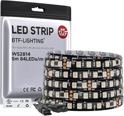 BTF-LIGHTING WS2814 IC RGBW RGB+Warm White UL Listed, DC24V 16.4FT 84LED/m | 14pixel/m,(Similar WS2812B),Addressable4 Colors in 1 Dream Color LED Strip 12mm Width PCB IP65(No Adapter or Controller)