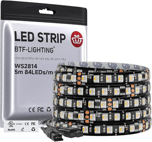 BTF-LIGHTING WS2814 IC RGBW RGB+Cool White UL Listed, DC24V 16.4FT 84LED/m | 14pixel/m,(Similar WS2812B),Addressable4 Colors in 1 Dream Color LED Strip 12mm Width PCB IP65(No Adapter or Controller)