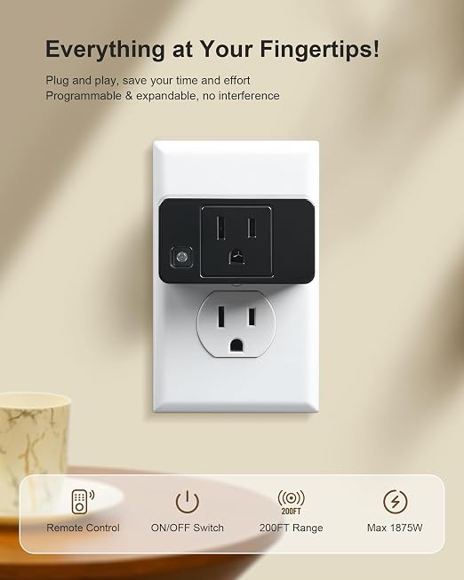 Remote Control Outlet with All On/Off Switch, 200FT Range, Black