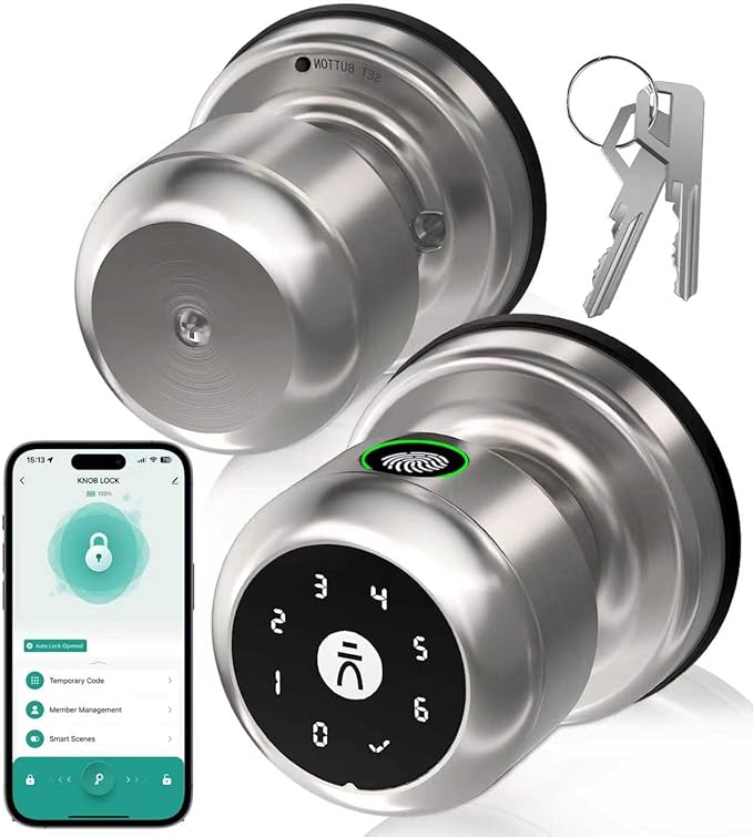 Fingerprint Door Lock, Smart Fingerprint Door Knob with Lock, Biometric Door Locks with App Control & Key, Keyless Thumbprint Entry Door Locks for Bedroom, Front Door, Apartment-Matte Silver