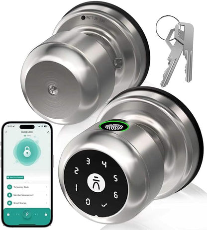 Fingerprint Door Lock, Smart Fingerprint Door Knob with Lock, Biometric Door Locks with App Control & Key, Keyless Thumbprint Entry Door Locks for Bedroom, Front Door, Apartment-Matte Silver