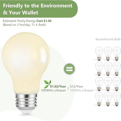 Sigalux A19 LED Filament Light Bulbs, Milky Finish, 8.5W (60W Replacement), 800LM, 2700K Soft White, Dimmable, E26 Medium Base, Pack of 12 for Home and Office