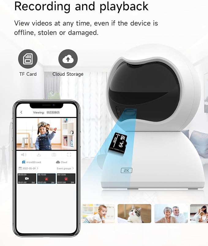 2K Indoor Security Camera,2.4Ghz WiFi for Home SecurityAI Human Detection, Phone App for Pet/Baby Monitor.Two-Way Audio,Night Vision,24/7 SD Card Storage (L2)