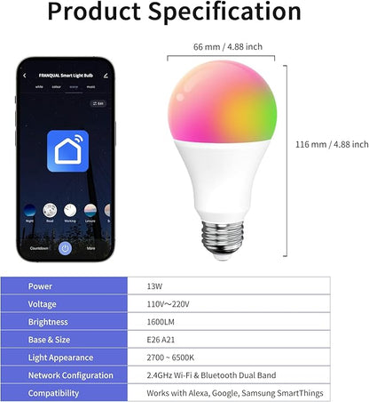 Smart Light Bulbs Work with Alexa Google Assistant, 1600LM Ultra Bright Smart Bulb, 13W 150W Equivalent RGBCW Color Changing Light Bulbs 2P, Bluetooth 2.4GHz Wi-Fi A21 E26 App LED Light Bulb